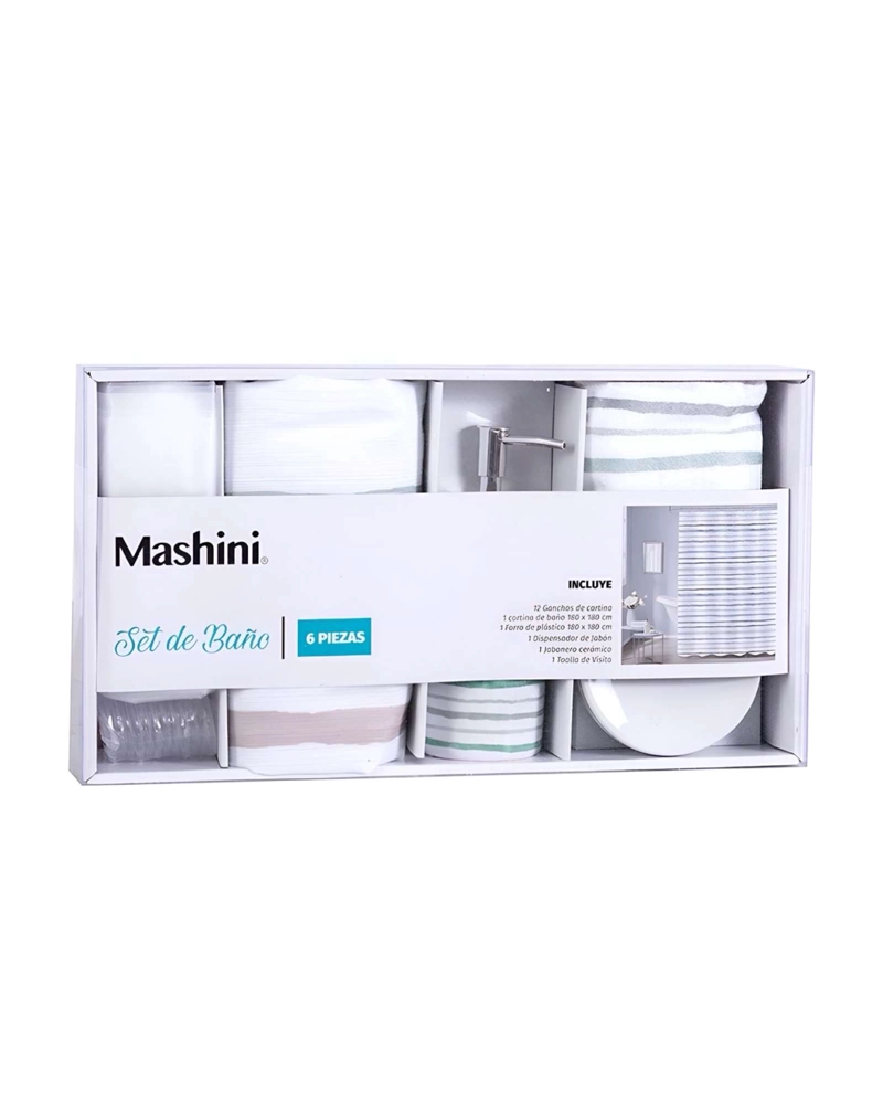 SET DE BAÑO EN CAJA 6 PIEZAS CORTINA, TOALLA Y JABONERAS MASHINI - 1