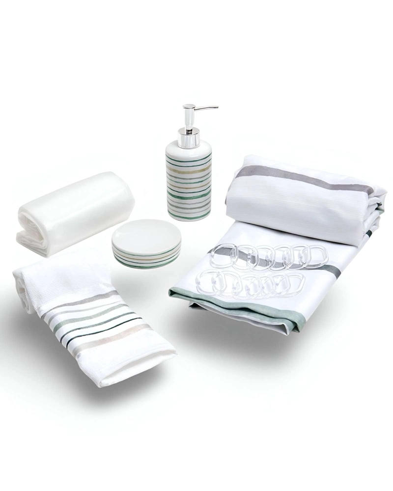 SET DE BAÑO EN CAJA 6 PIEZAS CORTINA, TOALLA Y JABONERAS MASHINI - 3