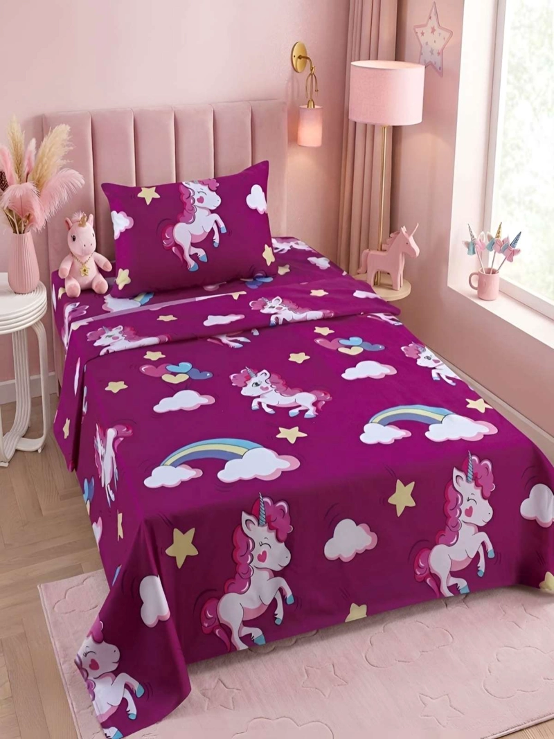 SABANAS INFANTILES  1,5 PLAZAS DISEÑO UNICORNIO MORADO ULTRA SUAVE - 1