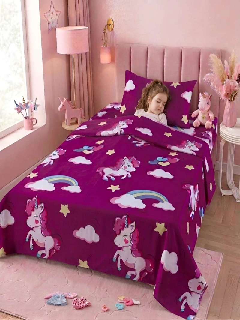 SABANAS INFANTILES  1,5 PLAZAS DISEÑO UNICORNIO MORADO ULTRA SUAVE - 2