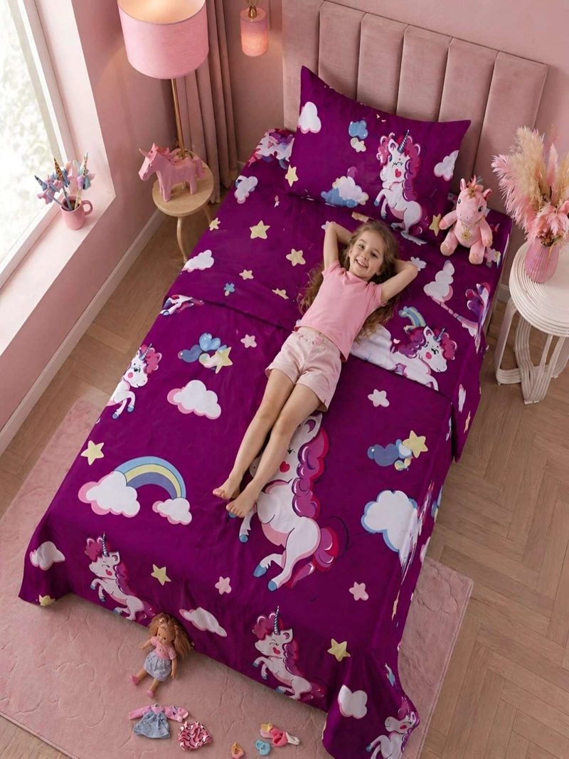 SABANAS INFANTILES  1,5 PLAZAS DISEÑO UNICORNIO MORADO ULTRA SUAVE - 6