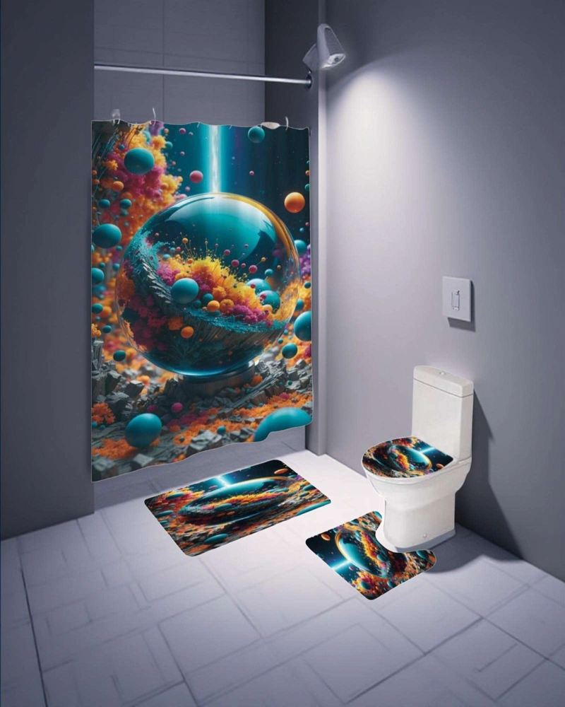 SET DE BAÑO 5 PIEZAS CORTINA MAS ALFOMBRAS MAS FORRO DE DUCHA - 2