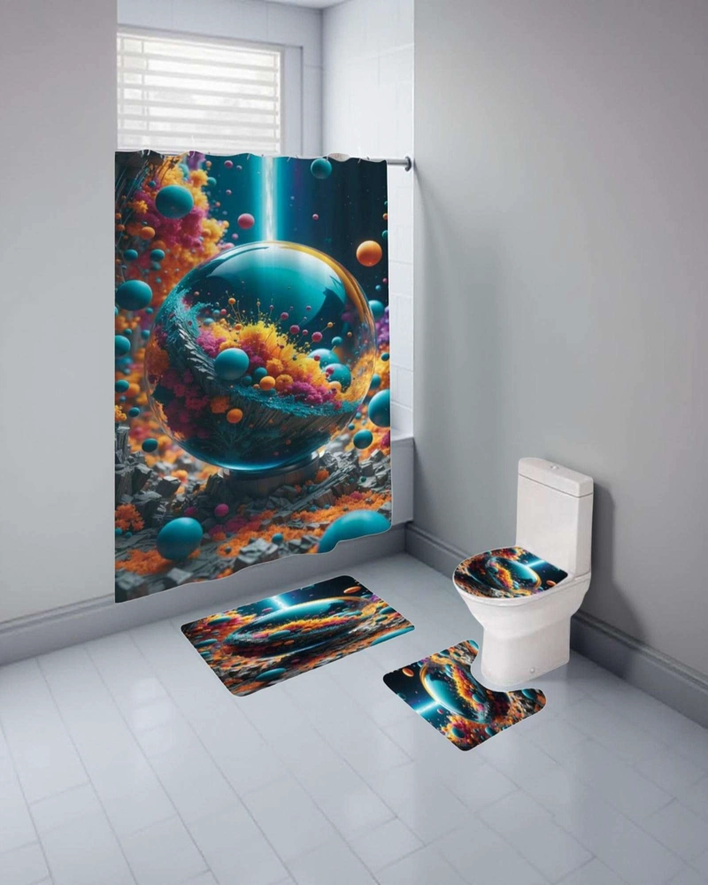 SET DE BAÑO 5 PIEZAS CORTINA MAS ALFOMBRAS MAS FORRO DE DUCHA - 4