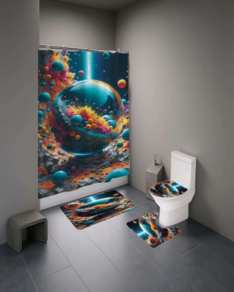 SET DE BAÑO 5 PIEZAS CORTINA MAS ALFOMBRAS MAS FORRO DE DUCHA - 5