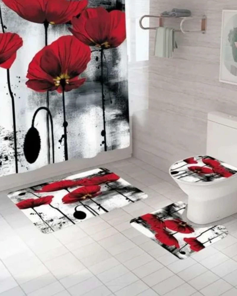 SET DE BAÑO 5 PIEZAS CORTINA MAS ALFOMBRAS MAS FORRO DE DUCHA - 3