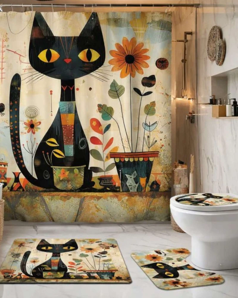 SET DE BAÑO 5 PIEZAS CORTINA MAS ALFOMBRAS MAS FORRO DE DUCHA - 2