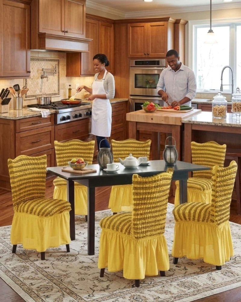SET DE 6 FUNDAS TURKAS CON FALDA PARA SILLAS CON DISEÑO DE LINEAS - 4
