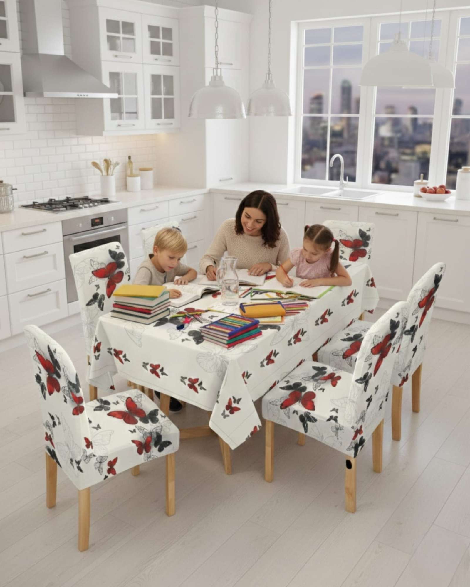 SET COMEDOR 6 PERSONAS MANTEL ANTIMANCHAS Y FUNDAS DE SILLA - 1