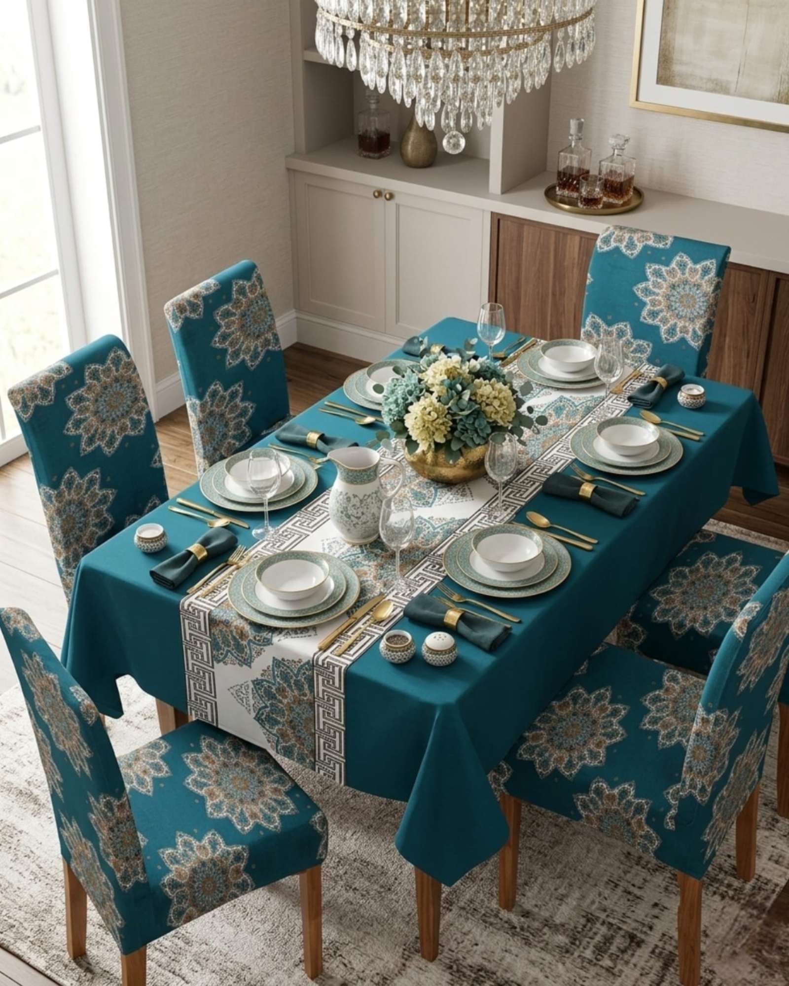 SET COMEDOR 6 PERSONAS MANTEL ANTIMANCHAS Y FUNDAS DE SILLA - 2