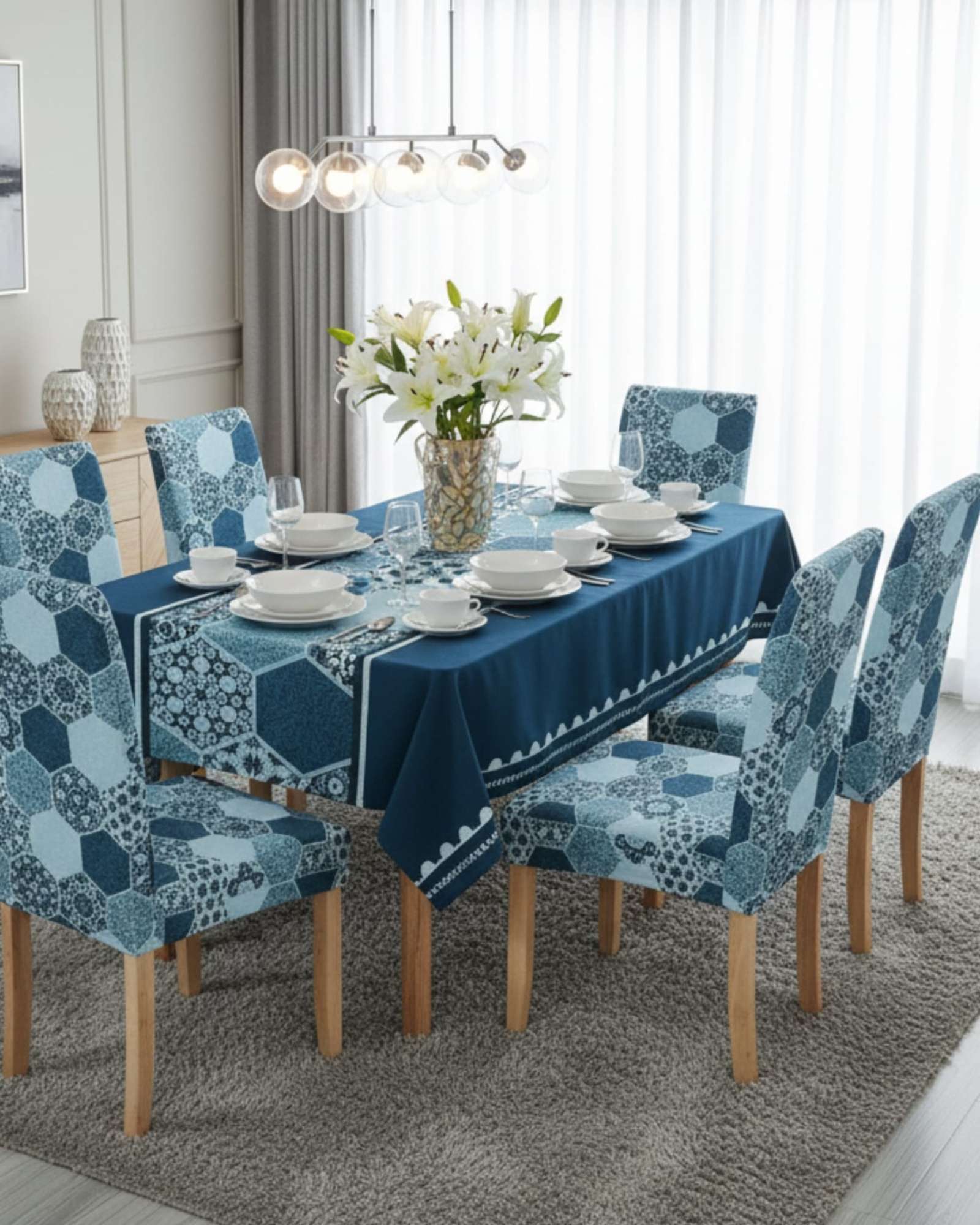 SET COMEDOR 6 PERSONAS MANTEL ANTIMANCHAS Y FUNDAS DE SILLA - 1