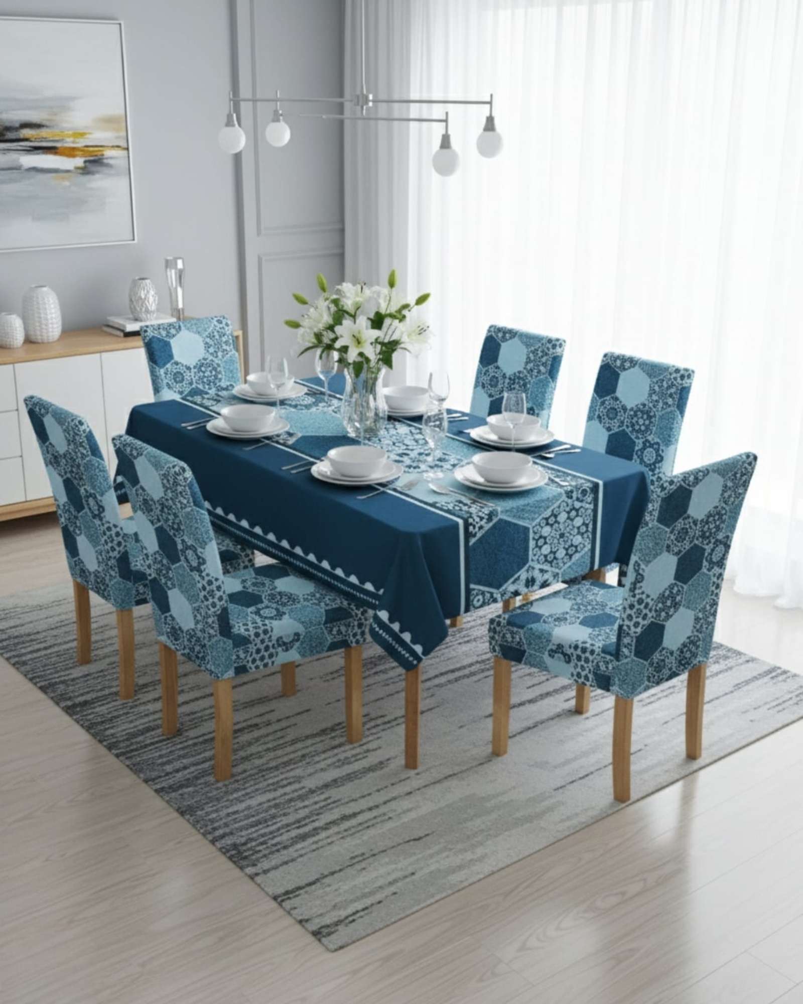 SET COMEDOR 6 PERSONAS MANTEL ANTIMANCHAS Y FUNDAS DE SILLA - 2