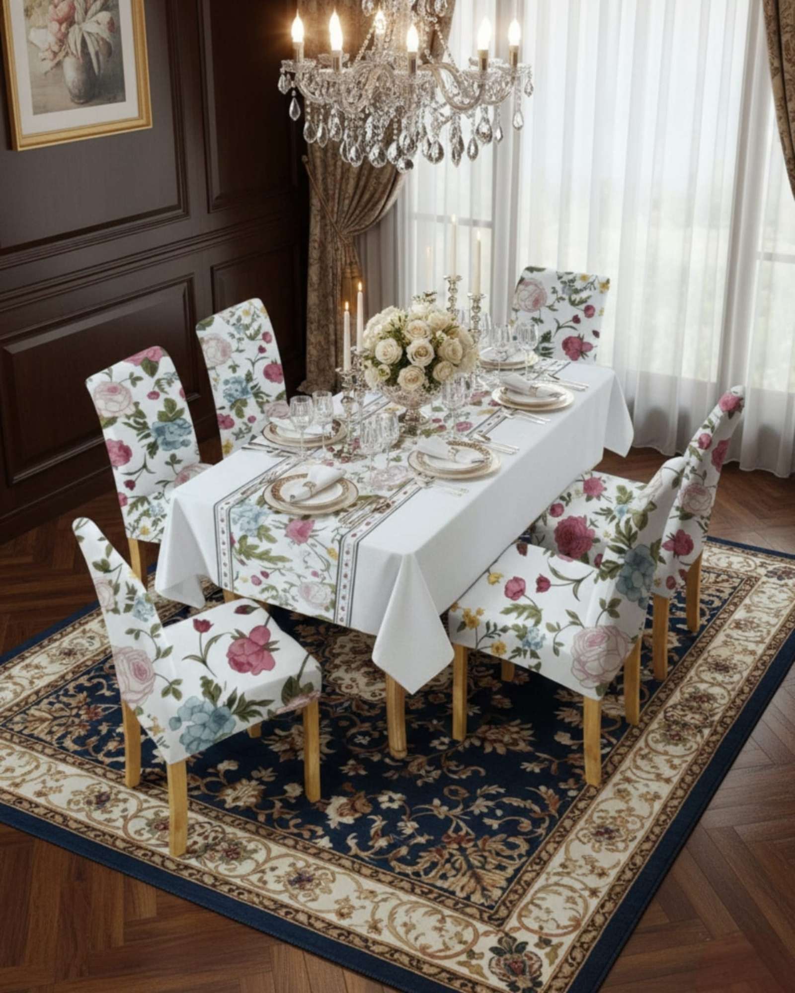 SET COMEDOR 6 PERSONAS MANTEL ANTIMANCHAS Y FUNDAS DE SILLA - 1