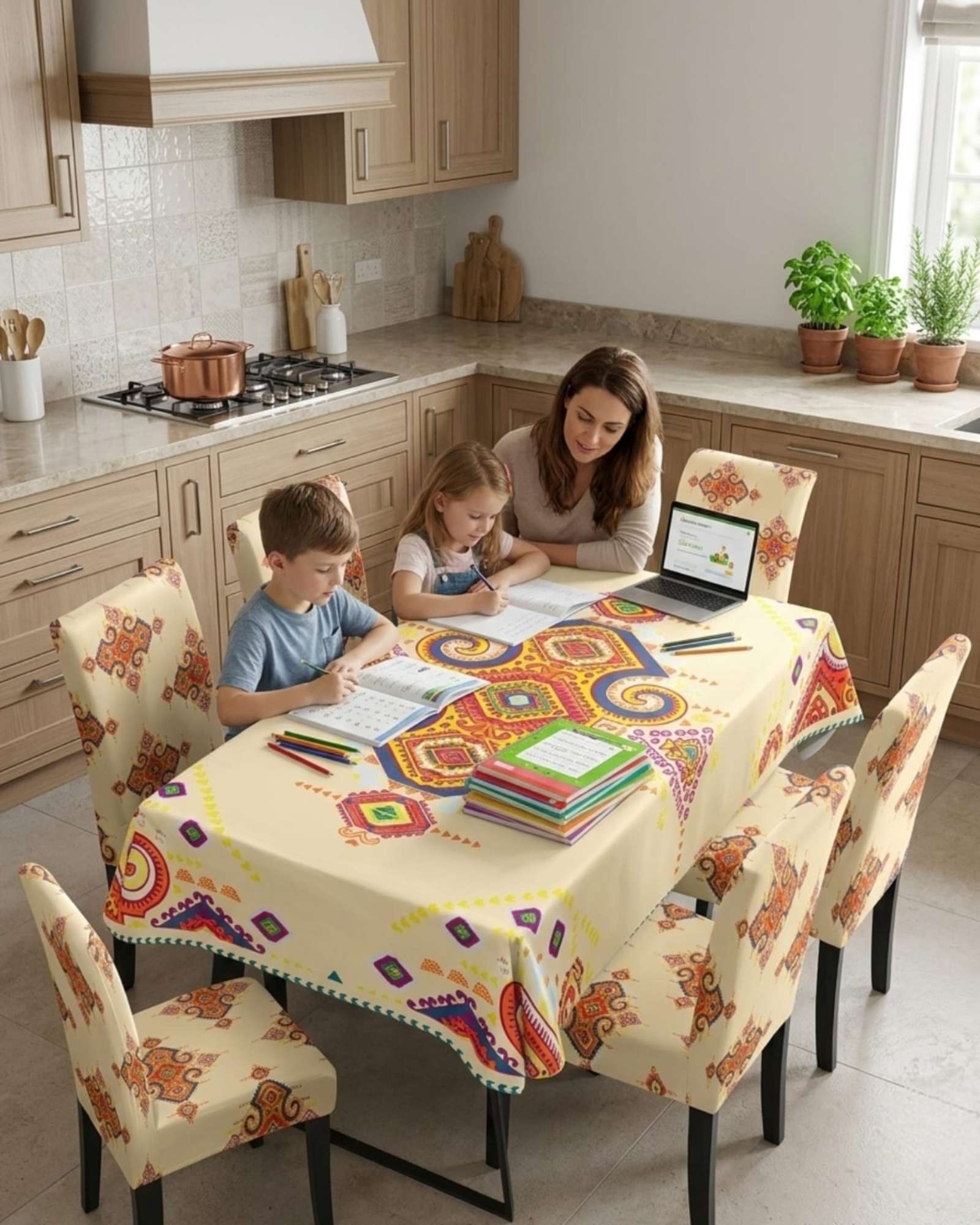 SET COMEDOR 6 PERSONAS MANTEL ANTIMANCHAS Y FUNDAS DE SILLA - 5