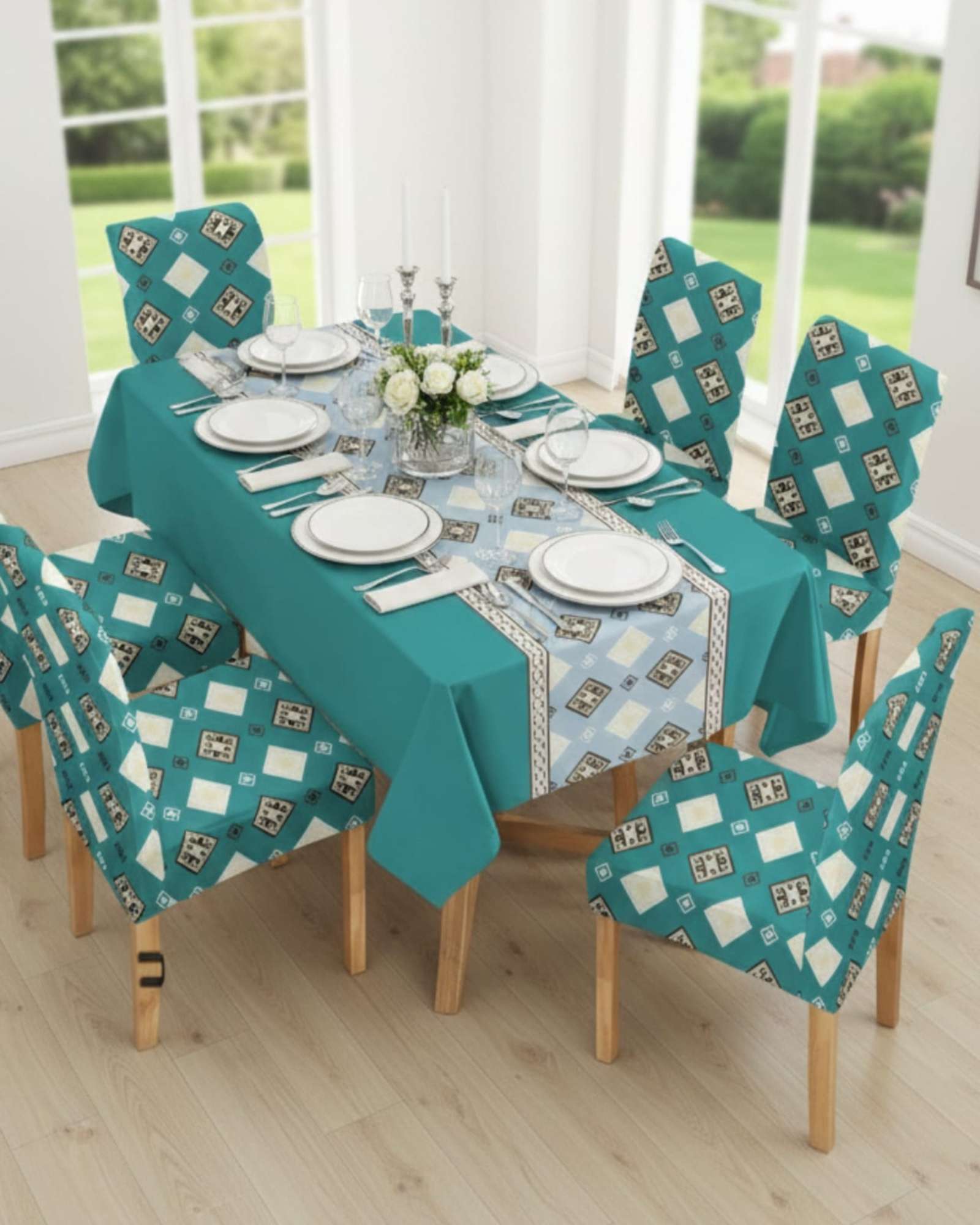 SET COMEDOR 6 PERSONAS MANTEL ANTIMANCHAS Y FUNDAS DE SILLA - 2