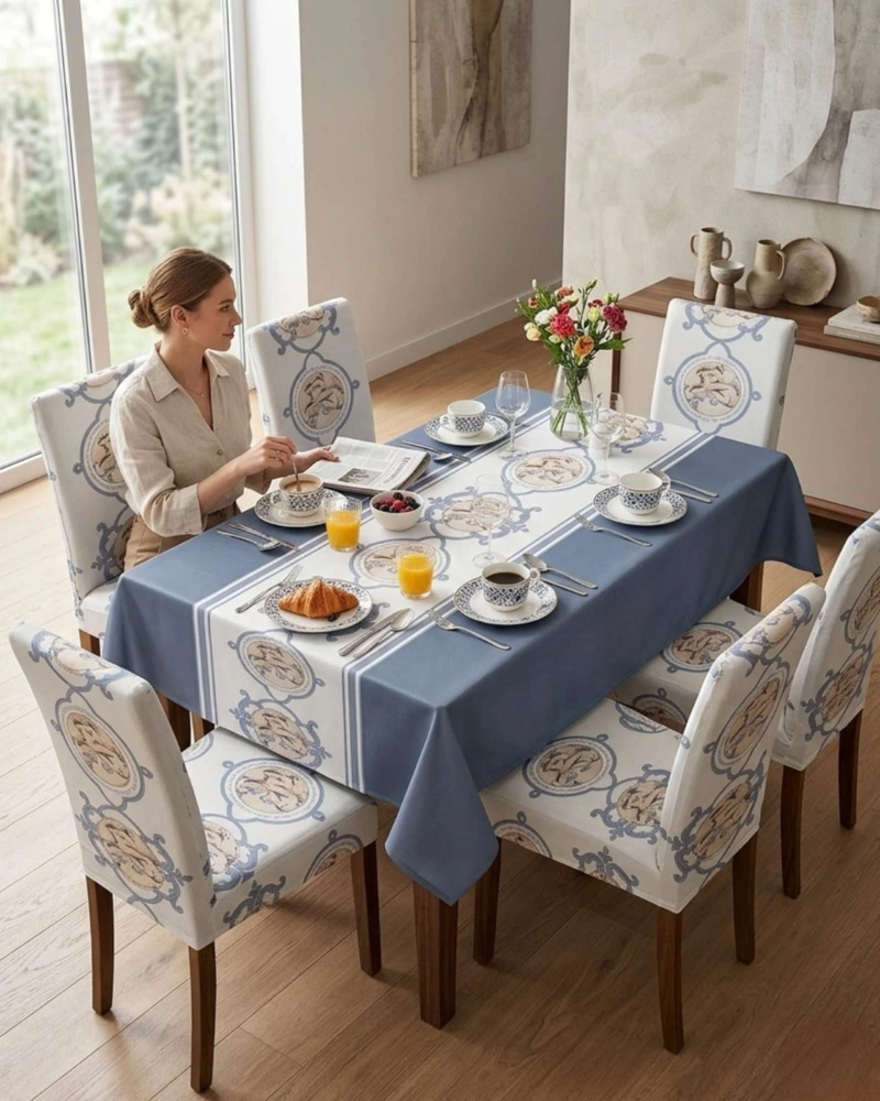 SET COMEDOR 6 PERSONAS MANTEL ANTIMANCHAS Y FUNDAS DE SILLA - 1