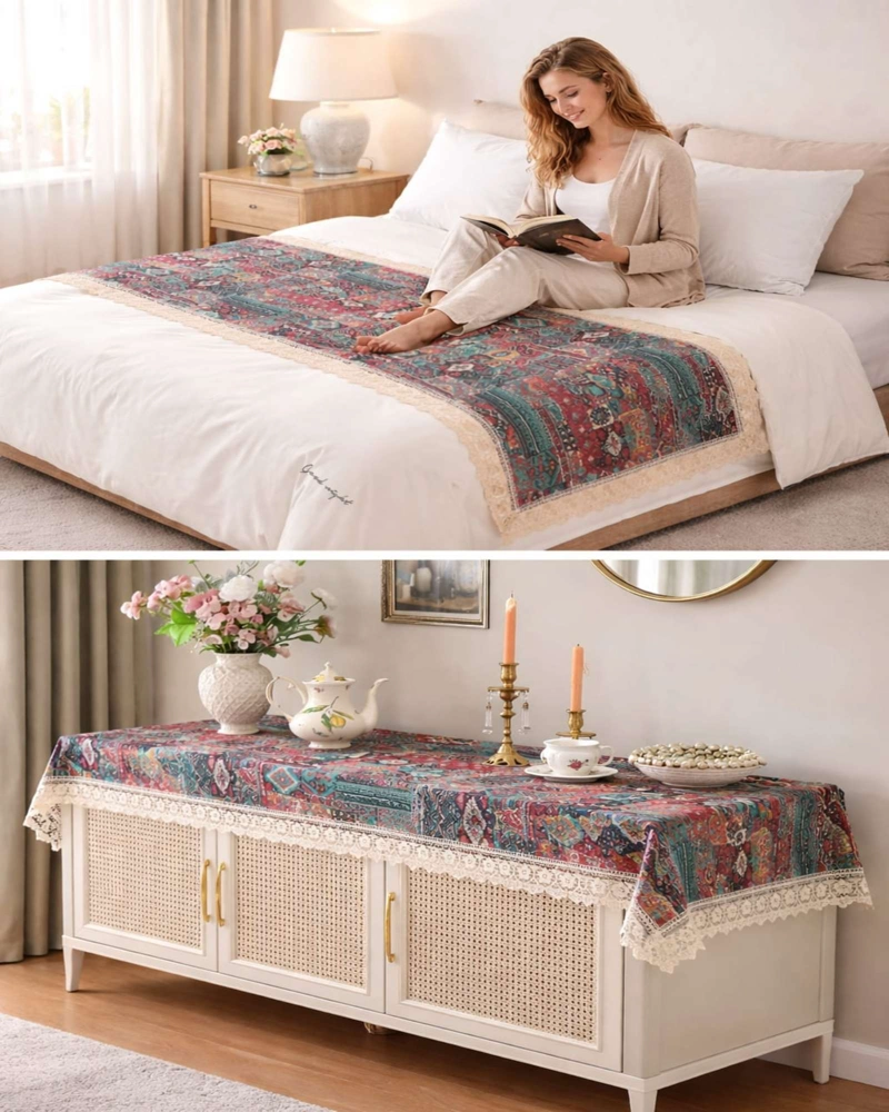 PIECERA DE CAMA ESTAMPADO NATURAL CHIC CON ENCAJE 80X200CM - 1