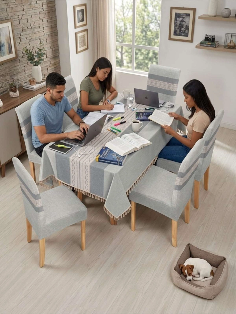 JUEGO DE MANTEL RECTANGULAR CON 6 FUNDAS DE SILLAS - 1