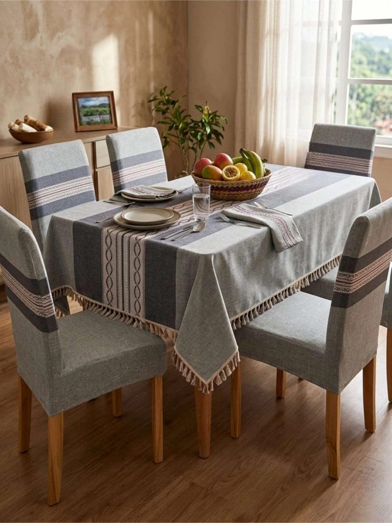 JUEGO DE MANTEL RECTANGULAR CON 6 FUNDAS DE SILLAS - 6