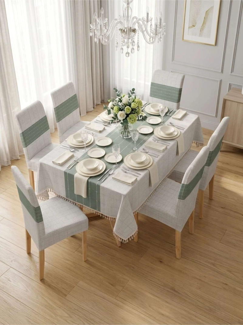JUEGO DE MANTEL RECTANGULAR CON 6 FUNDAS DE SILLAS - 6