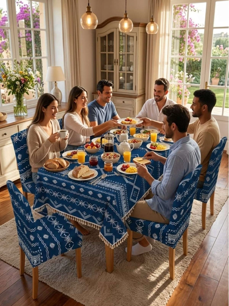 JUEGO DE MANTEL RECTANGULAR CON 6 FUNDAS DE SILLAS - 1