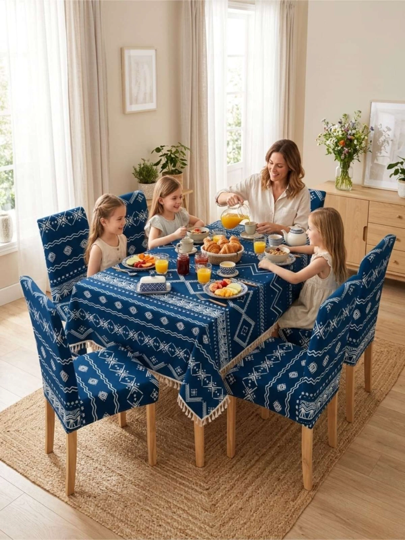 JUEGO DE MANTEL RECTANGULAR CON 6 FUNDAS DE SILLAS - 4