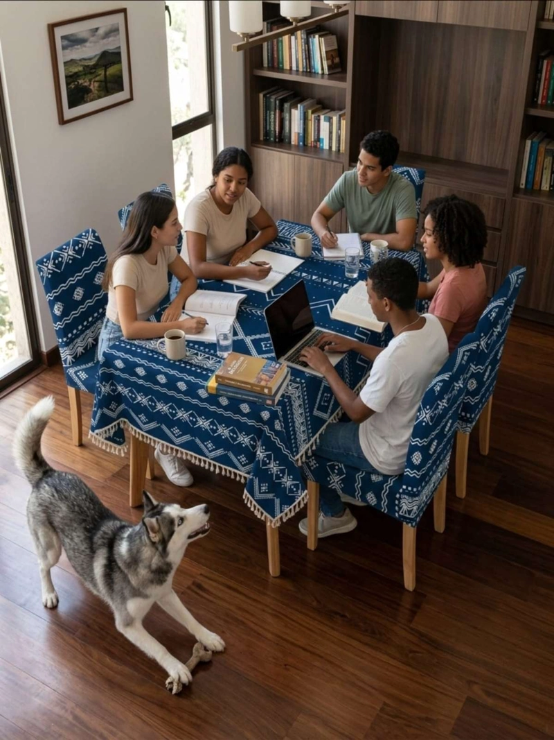 JUEGO DE MANTEL RECTANGULAR CON 6 FUNDAS DE SILLAS - 5