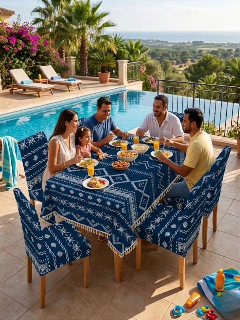 JUEGO DE MANTEL RECTANGULAR CON 6 FUNDAS DE SILLAS - 6