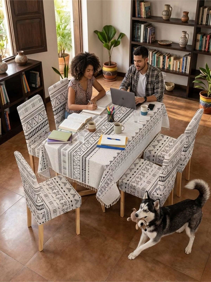 JUEGO DE MANTEL RECTANGULAR CON 6 FUNDAS DE SILLAS - 1