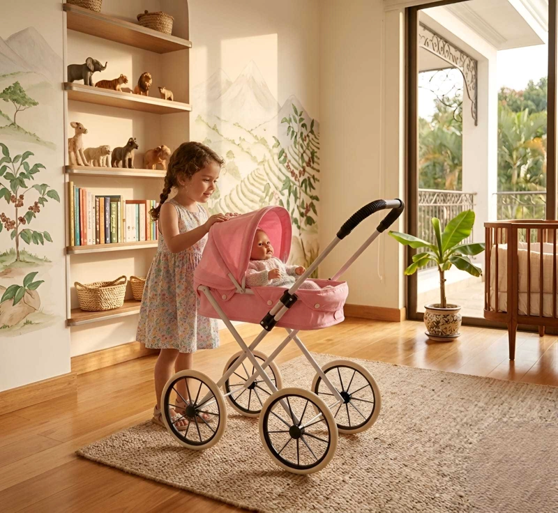 COCHE DE PASEO PARA MUÑECAS DISEÑO CLASICO + BOLSO ACCESORIOS - 4