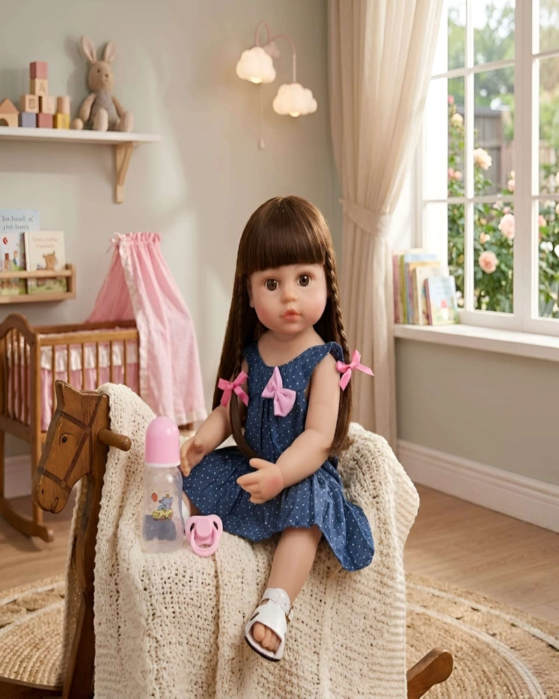 MUÑECA REBORN REALISTA CON ACCESORIOS VESTIDO AZUL Y TRENZAS - 2