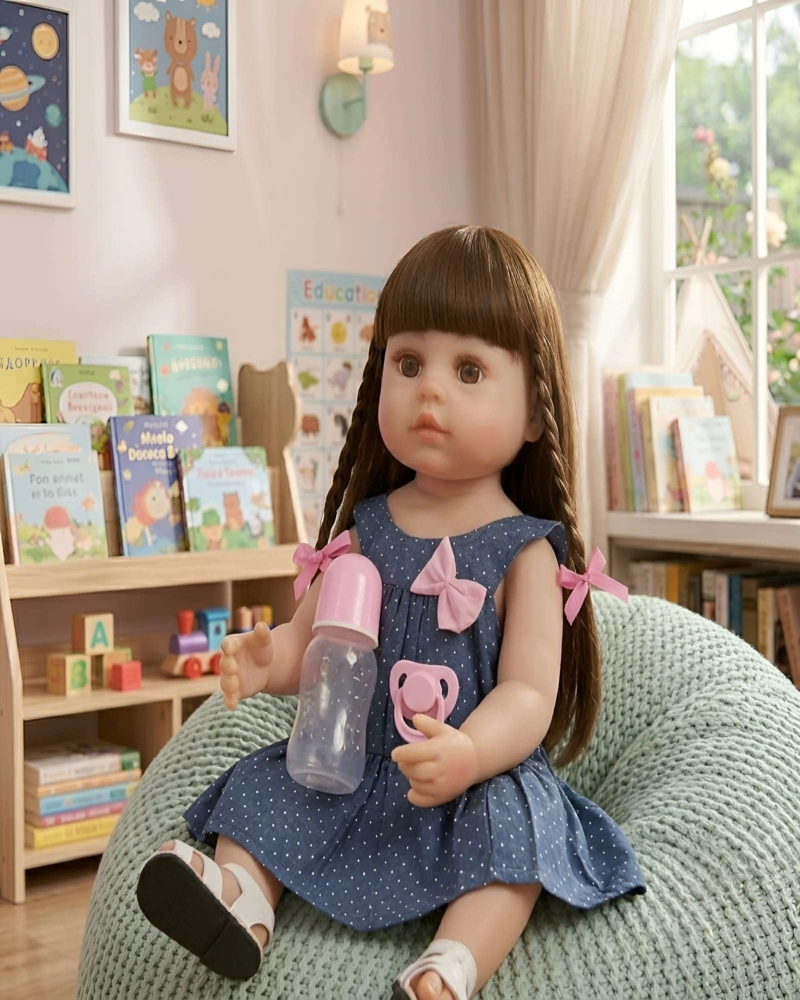 MUÑECA REBORN REALISTA CON ACCESORIOS VESTIDO AZUL Y TRENZAS - 4