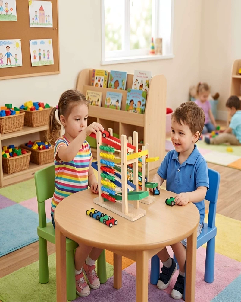 JUGUETE DE MADERA MONTESSORI PISTA DE AUTOS Y ABACO DE COLORES - 4