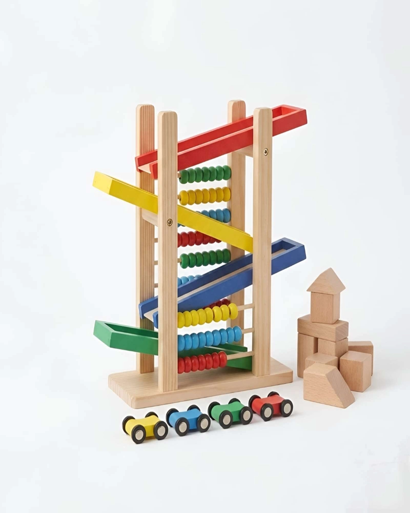 JUGUETE DE MADERA MONTESSORI PISTA DE AUTOS Y ABACO DE COLORES - 6