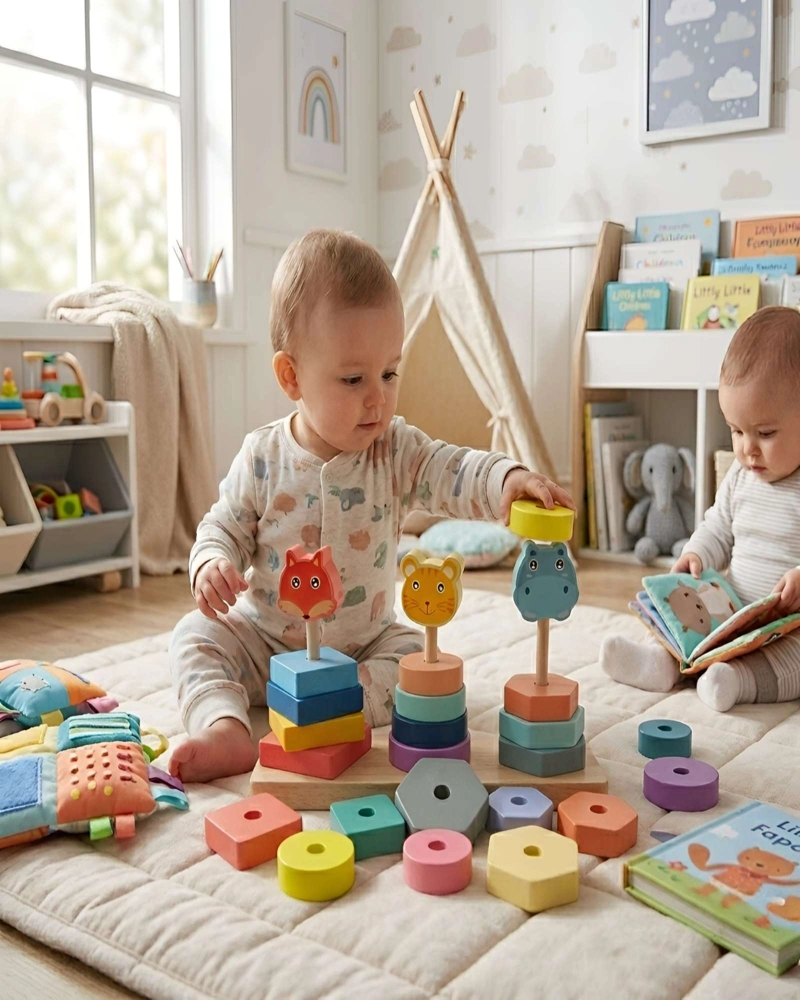 JUGUETE EDUCATIVO MONTESSORI DE MADERA SET DE TORRES CON ANIMALES - 1