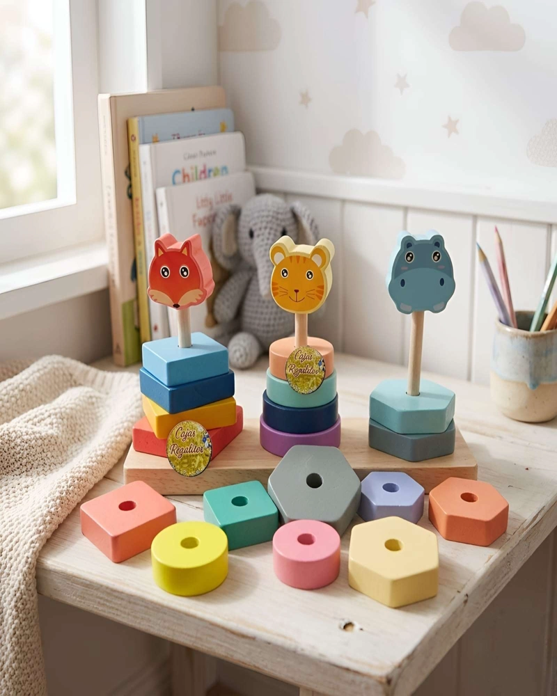 JUGUETE EDUCATIVO MONTESSORI DE MADERA SET DE TORRES CON ANIMALES - 2