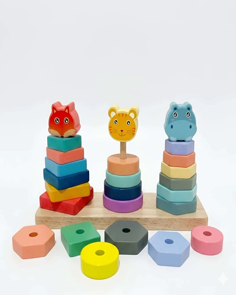 JUGUETE EDUCATIVO MONTESSORI DE MADERA SET DE TORRES CON ANIMALES - 6