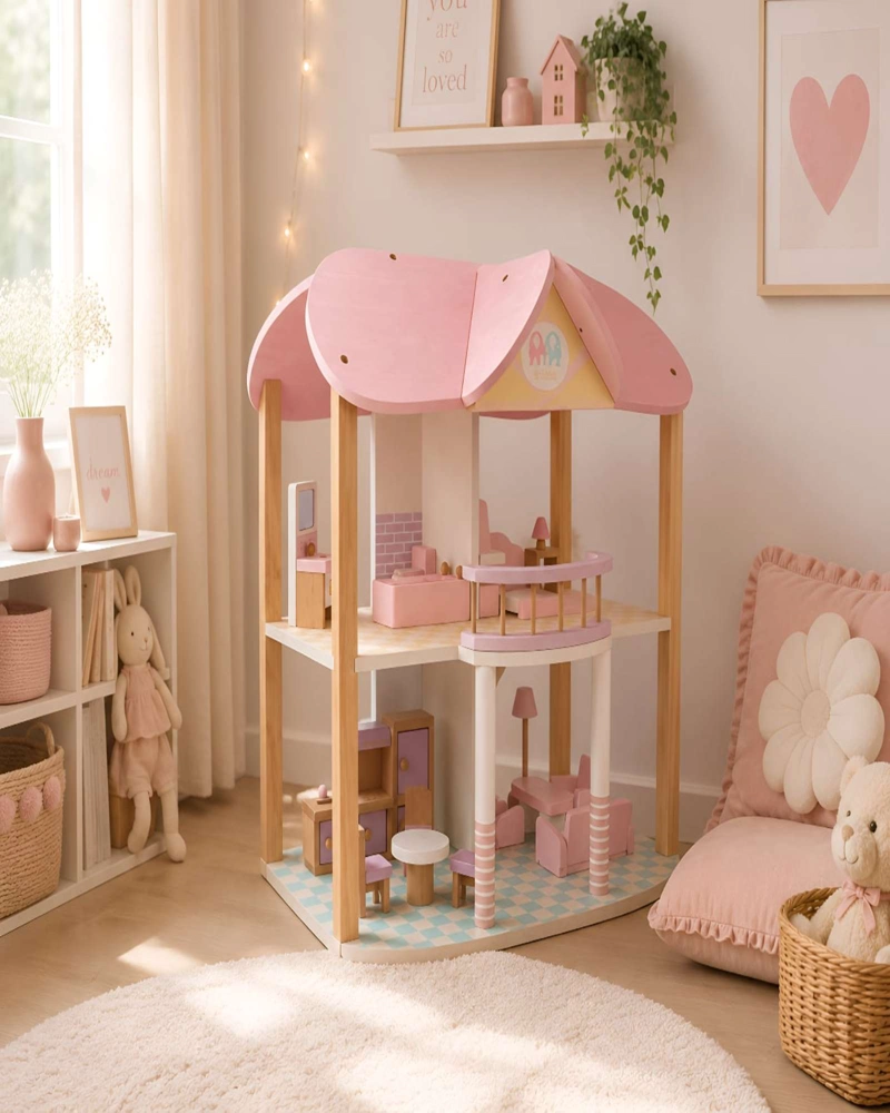 CASA DE MUÑECAS DE MADERA CON MUEBLES Y ACCESORIOS - 2