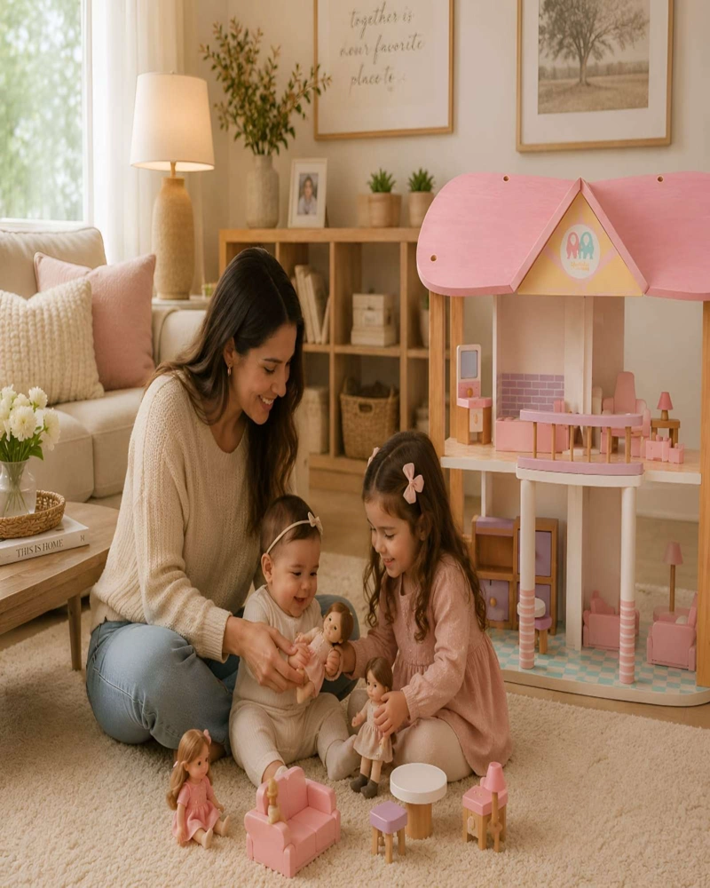 CASA DE MUÑECAS DE MADERA CON MUEBLES Y ACCESORIOS - 4