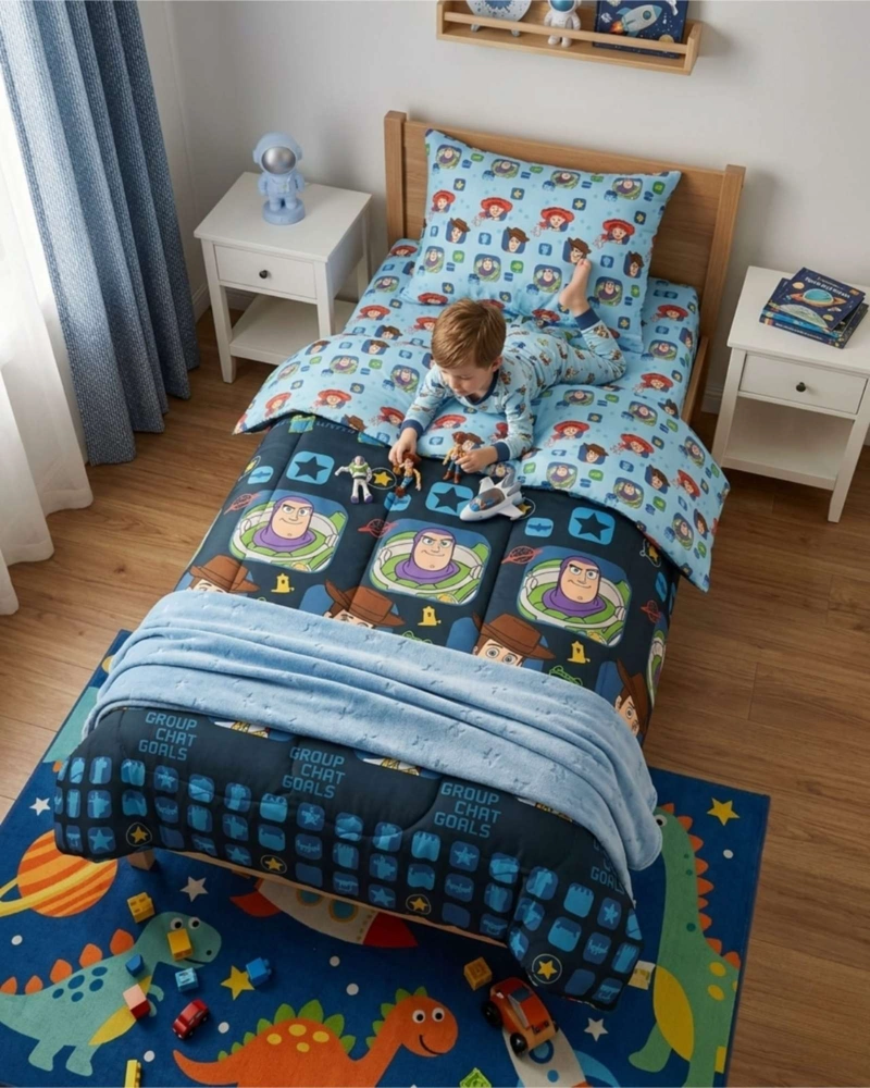 CUBRECAMA  PLUMON INFANTIL REVERSIBLE DISEÑO GALAXIA Y AMIGOS PLAZA Y MEDIA - 4