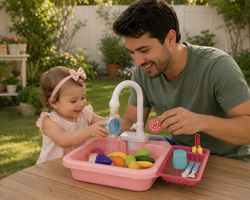 SET DE COCINA LAVAPLATOS DE JUGUETE CON CIRCULACION DE AGUA ROSA - 1