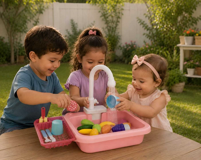 SET DE COCINA LAVAPLATOS DE JUGUETE CON CIRCULACION DE AGUA ROSA - 2