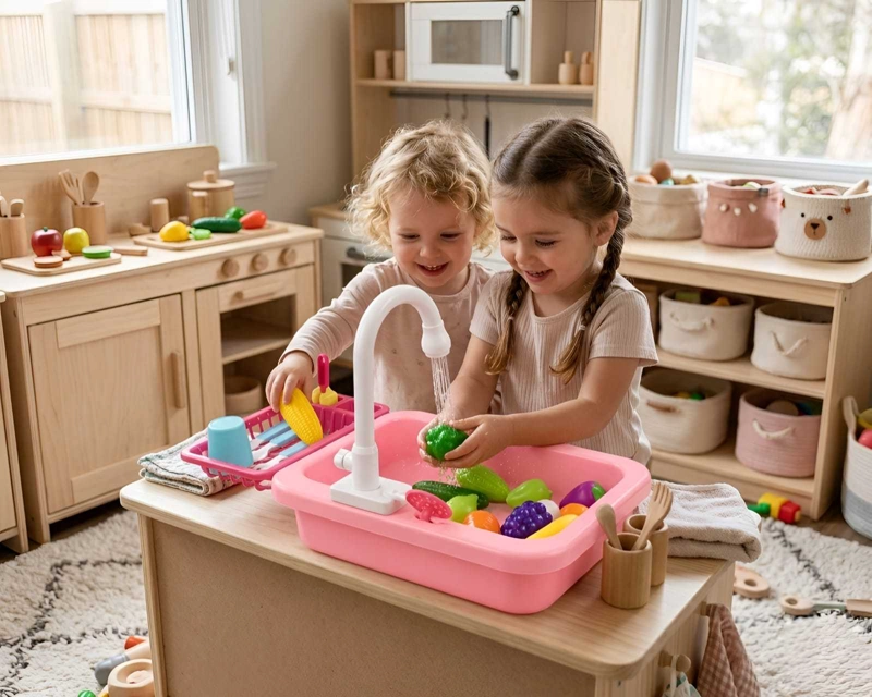 SET DE COCINA LAVAPLATOS DE JUGUETE CON CIRCULACION DE AGUA ROSA - 3