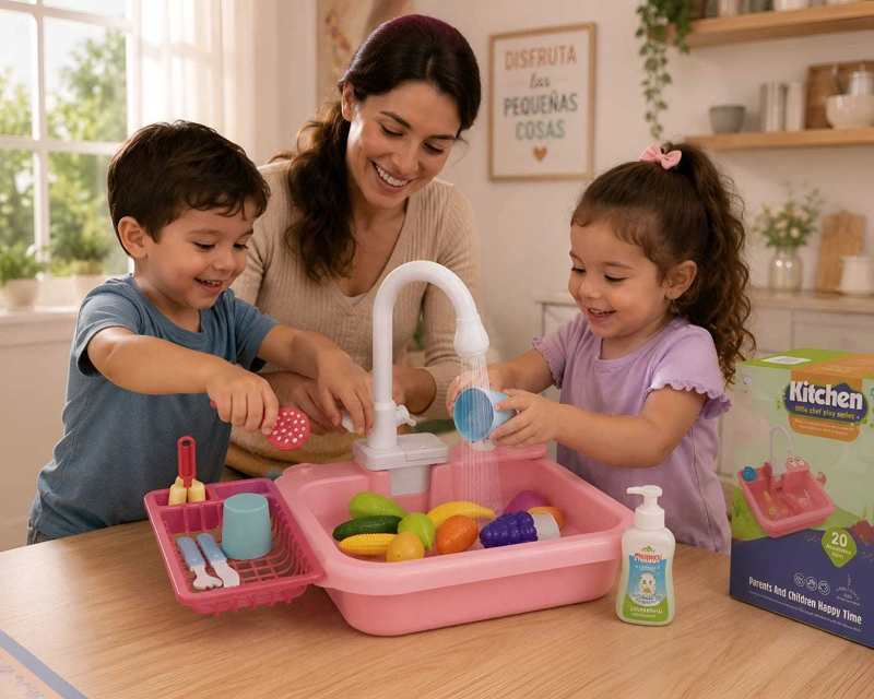 SET DE COCINA LAVAPLATOS DE JUGUETE CON CIRCULACION DE AGUA ROSA - 4