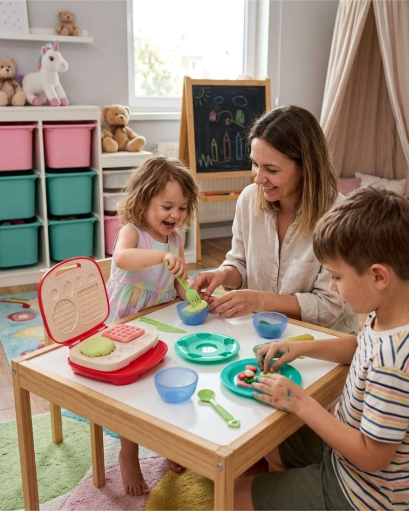 SET WAFFLERA DE JUGUETE CON VAJILLA Y PLASTICINAS INFANTILES - 1