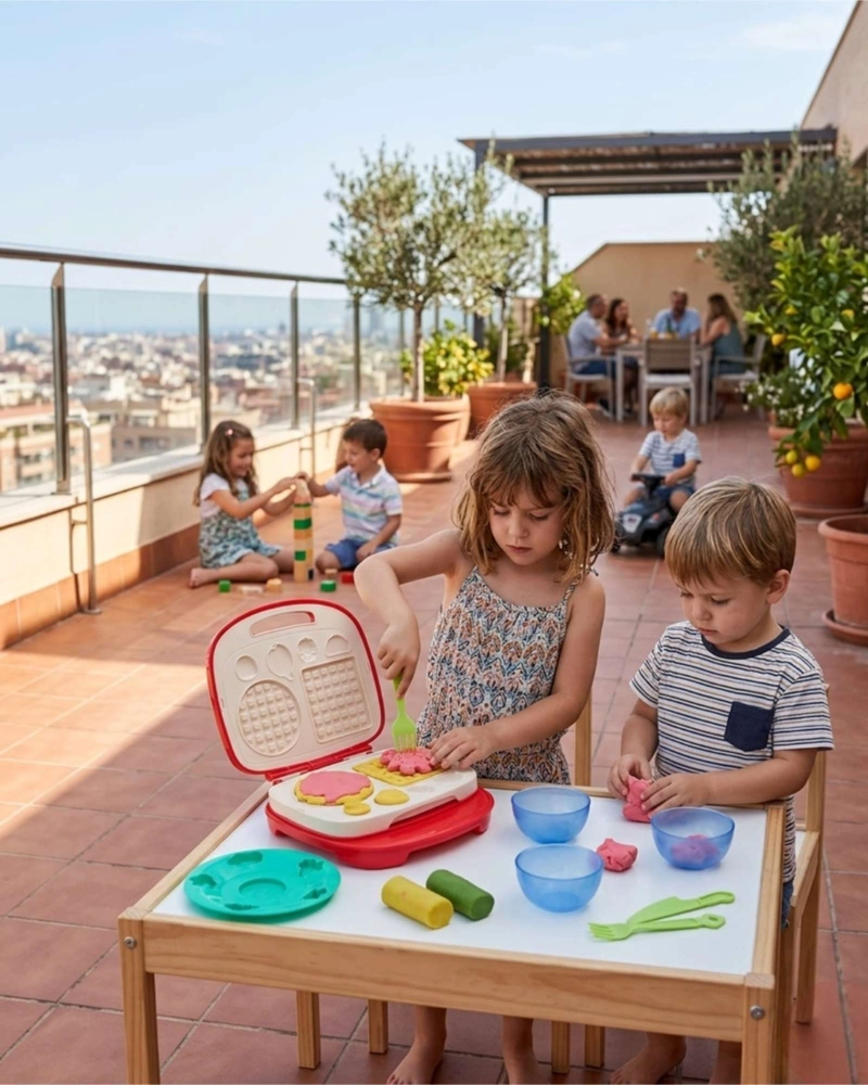 SET WAFFLERA DE JUGUETE CON VAJILLA Y PLASTICINAS INFANTILES - 4