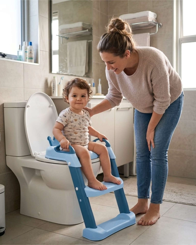 ASIENTO REDUCTOR BAÑO INFANTIL CON ESCALERA Y PASAMANOS - 1