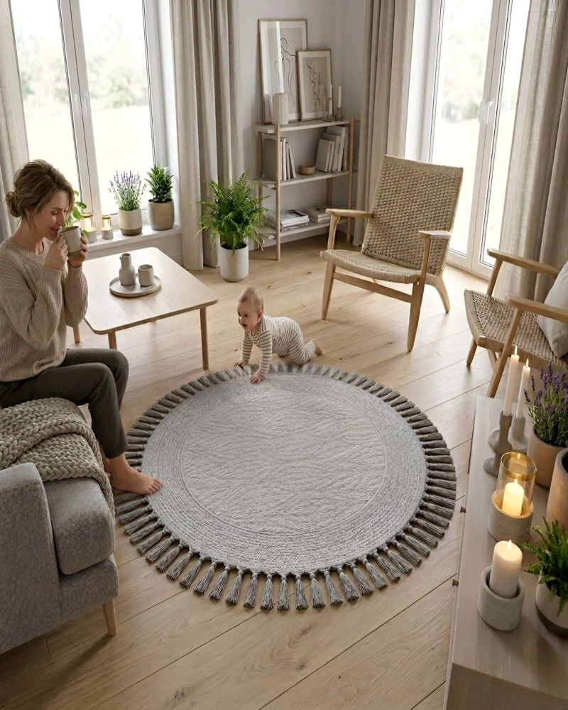 ALFOMBRA REDONDA CON RELIEVE Y FLECOS DECORATIVA - 6