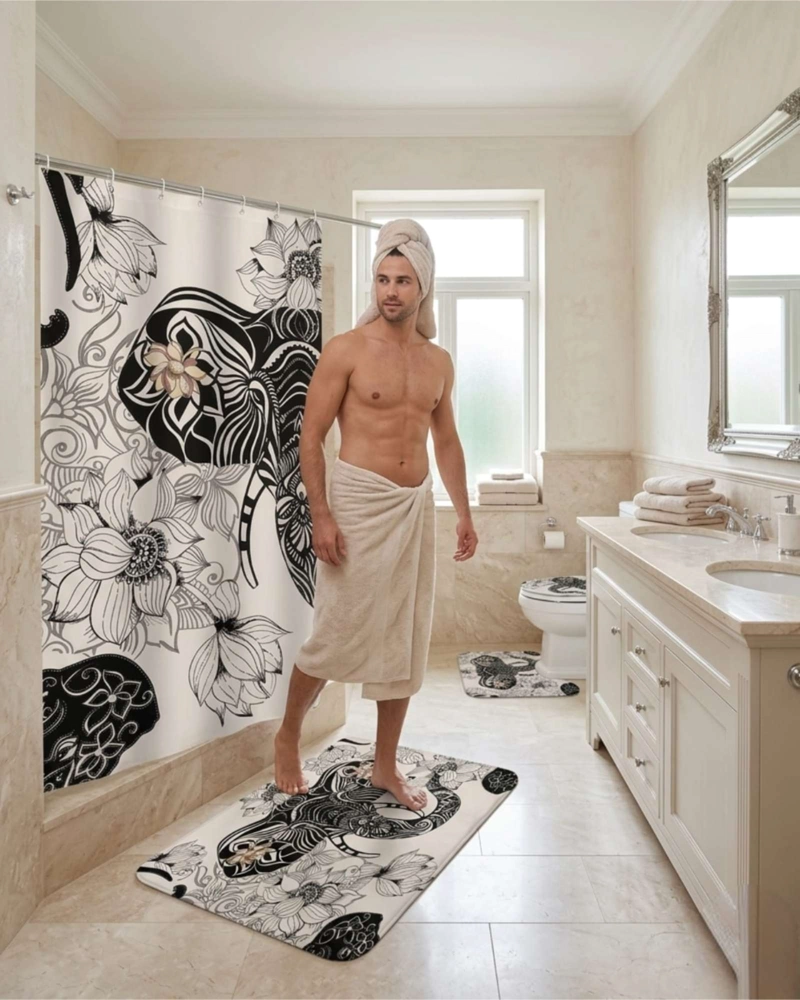 JUEGO DE BAÑO 4 PIEZAS CORTINA MAS ALFOMBRAS Y FUNDA DE INODORO - 3