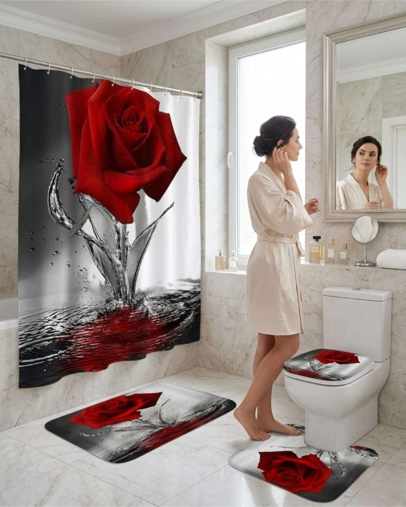 JUEGO DE BAÑO 4 PIEZAS CORTINA MAS ALFOMBRAS Y FUNDA DE INODORO - 2