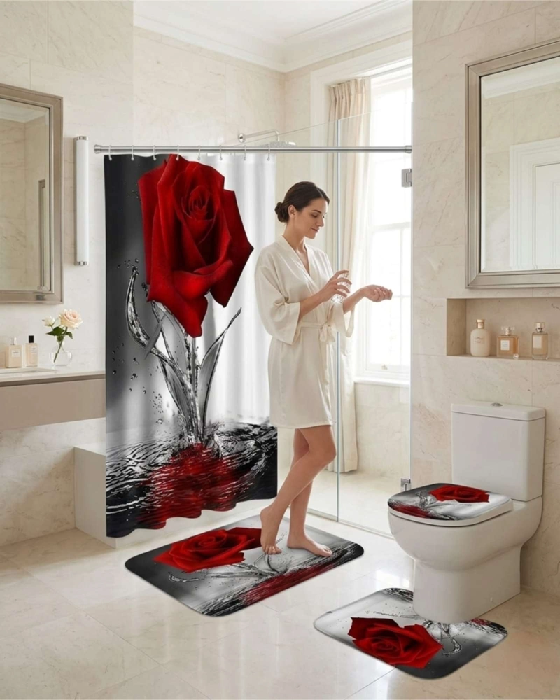 JUEGO DE BAÑO 4 PIEZAS CORTINA MAS ALFOMBRAS Y FUNDA DE INODORO - 3
